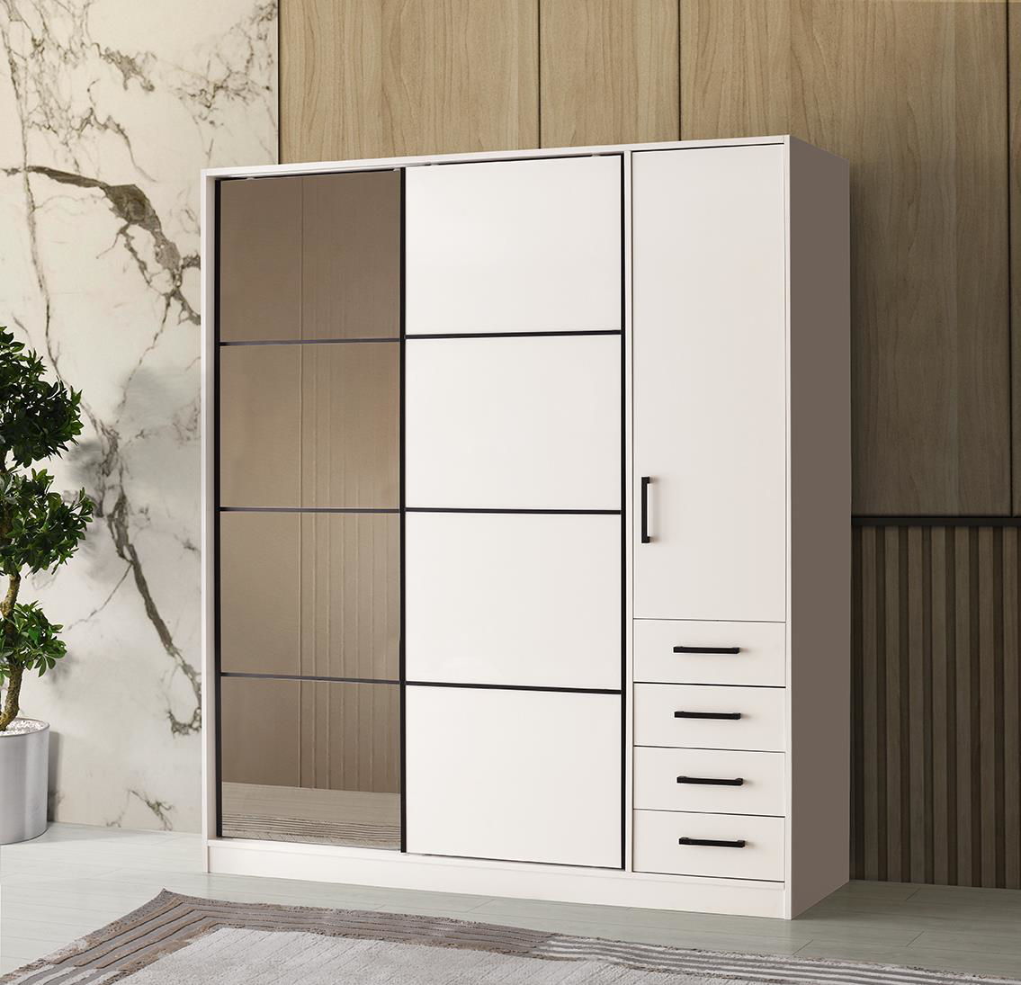 Erezogullari Mobilya Damla Beyaz Modern Sürgülü Aynali Elbise Dolabi Gardrop 180X60x210cm 