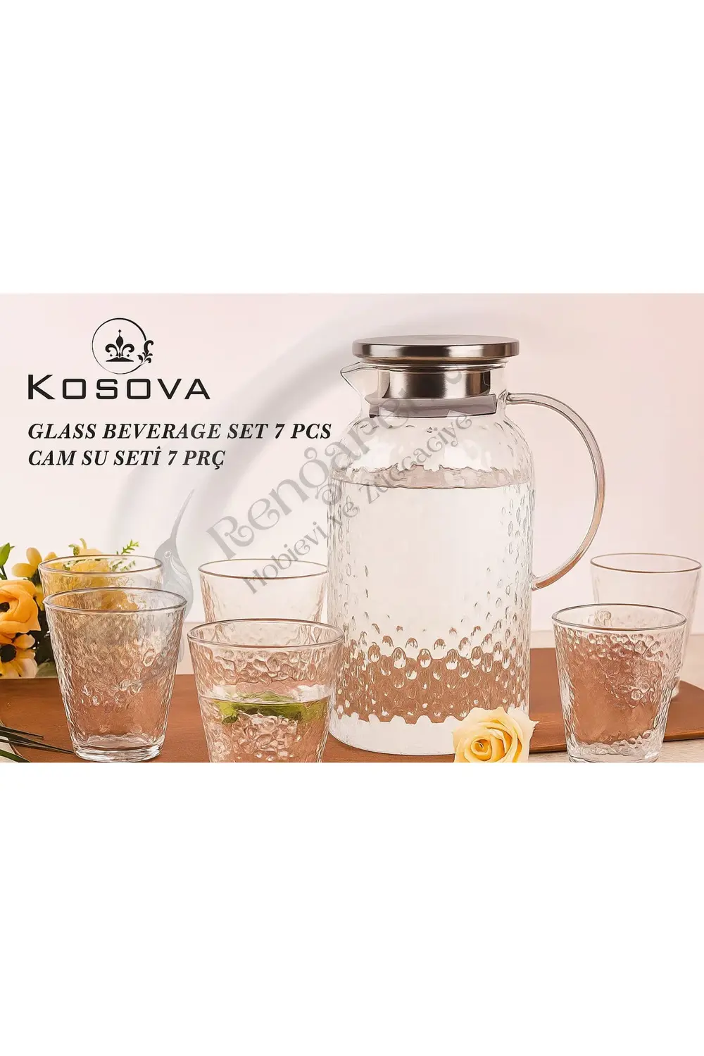 DAMLA DESENLİ 7 PARÇA CAM SU SETİ ( 1 SÜRAHİ + 6 BARDAK )