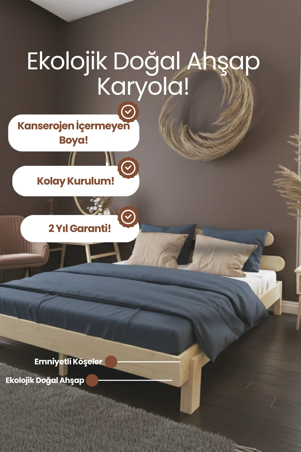 Damla Model 2 Başlıklı Masif Ahşap Karyola ve 2 Adet Komodin Kolay Kurulum Fırınlanmış İthal Sibirya Çamı 90x190 Yatak Uyumlu 2 Adet Komodin