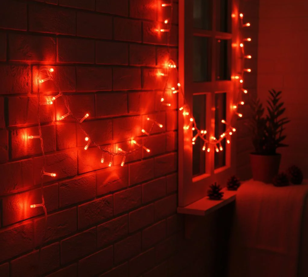 10 Metre 100 LED Damla Uçlu Kırmızı Dekoratif Işık Şeffaf Kablo