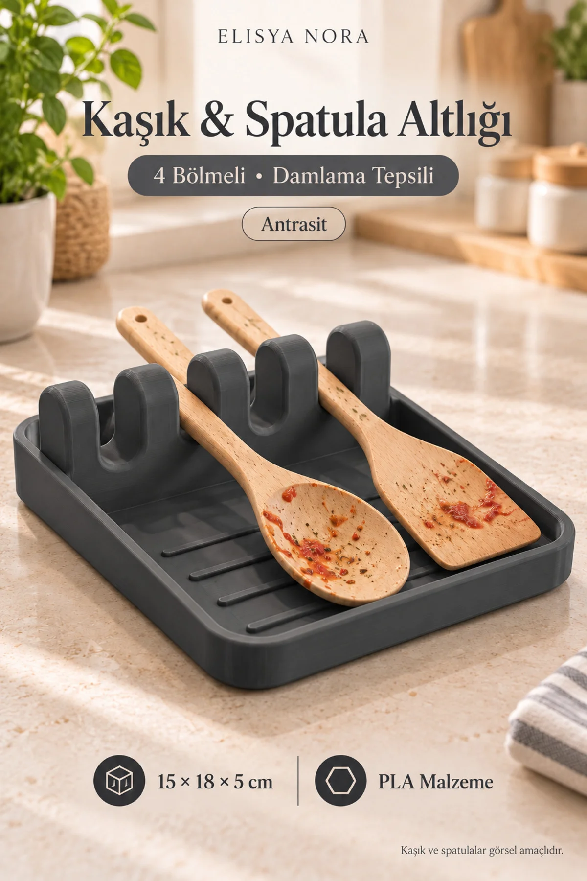 Damlama Tepsili Tezgâh Düzenleyici- 4 Bölmeli Antrasit Kaşık ve Spatula Altlığı - Görsel 2