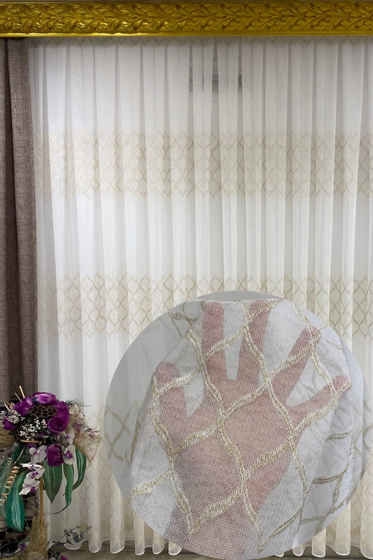 Özgün Home Dantel Belinda Baklava Desenli (1/2,5 Normal Pile) Ekru Tül Perde