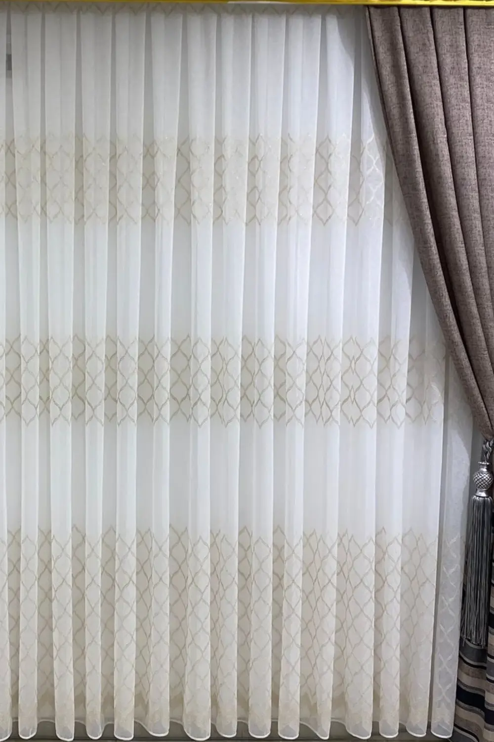 Özgün Home Dantel Belinda Baklava Desenli (1/2,5 Normal Pile) Ekru Tül Perde