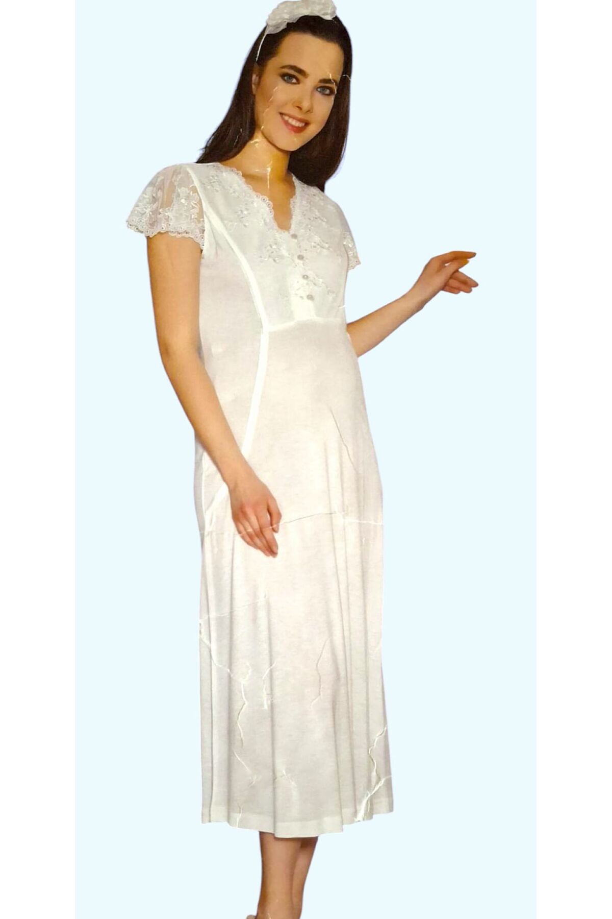 Flz Dantel Detaylı Kısa Kol Hamile Gecelik Ekru