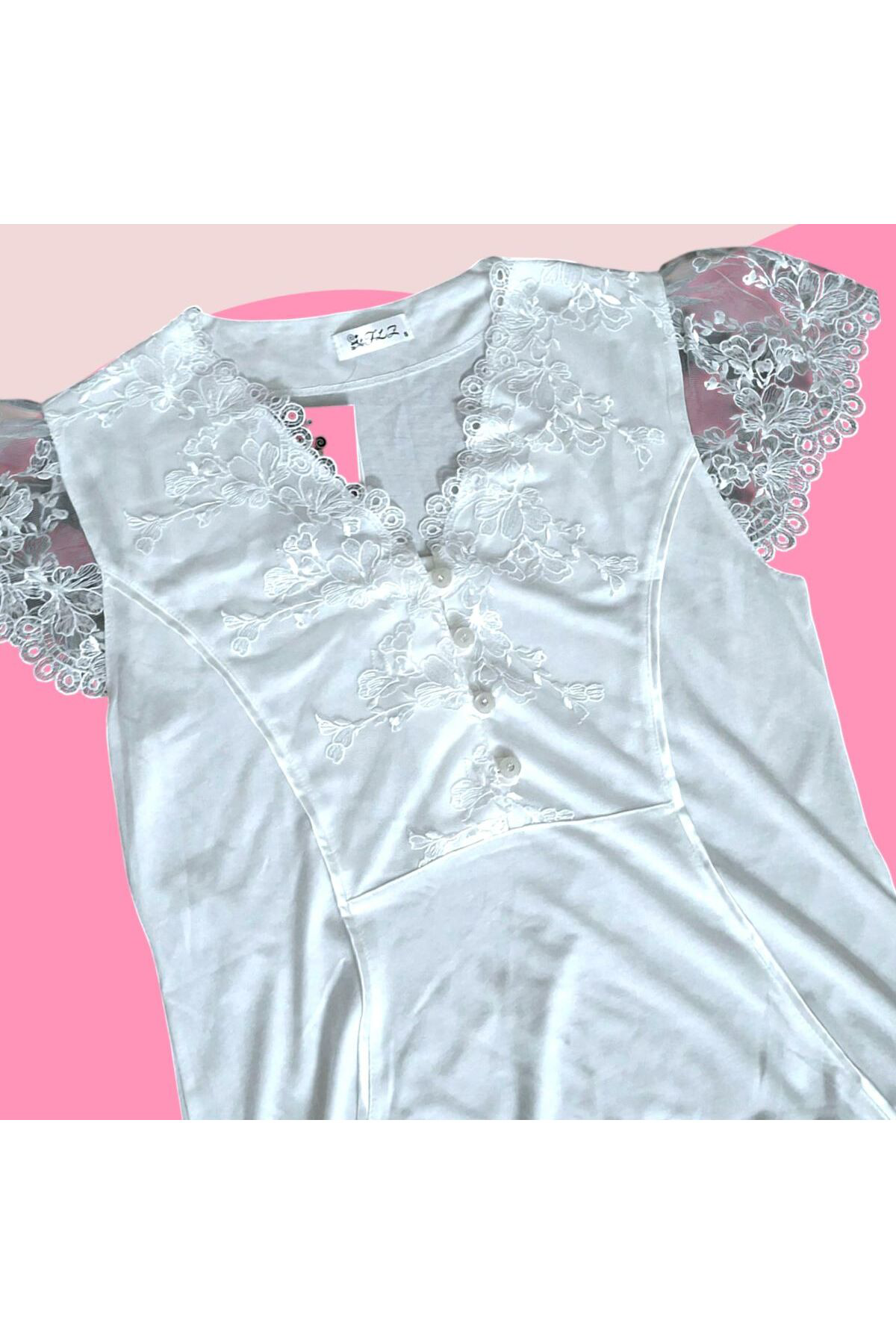 Flz Dantel Detaylı Kısa Kol Hamile Gecelik Ekru