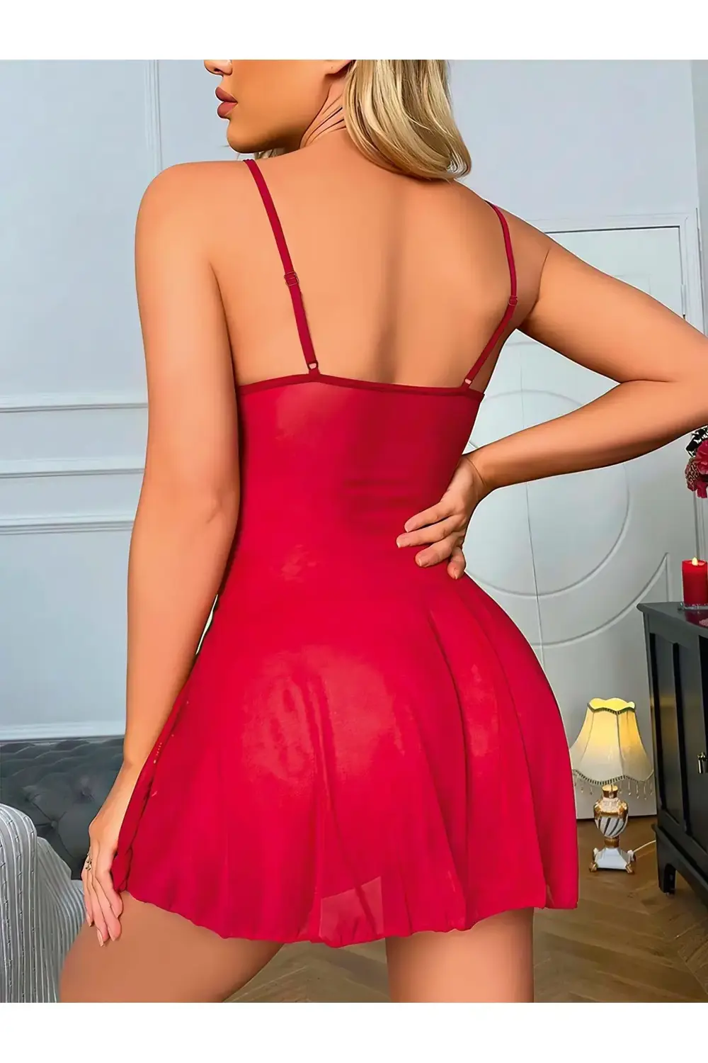 Dantel İşlemeli Göğüs İp Detaylı Fantezi Tül Gecelik Takımı Bordo