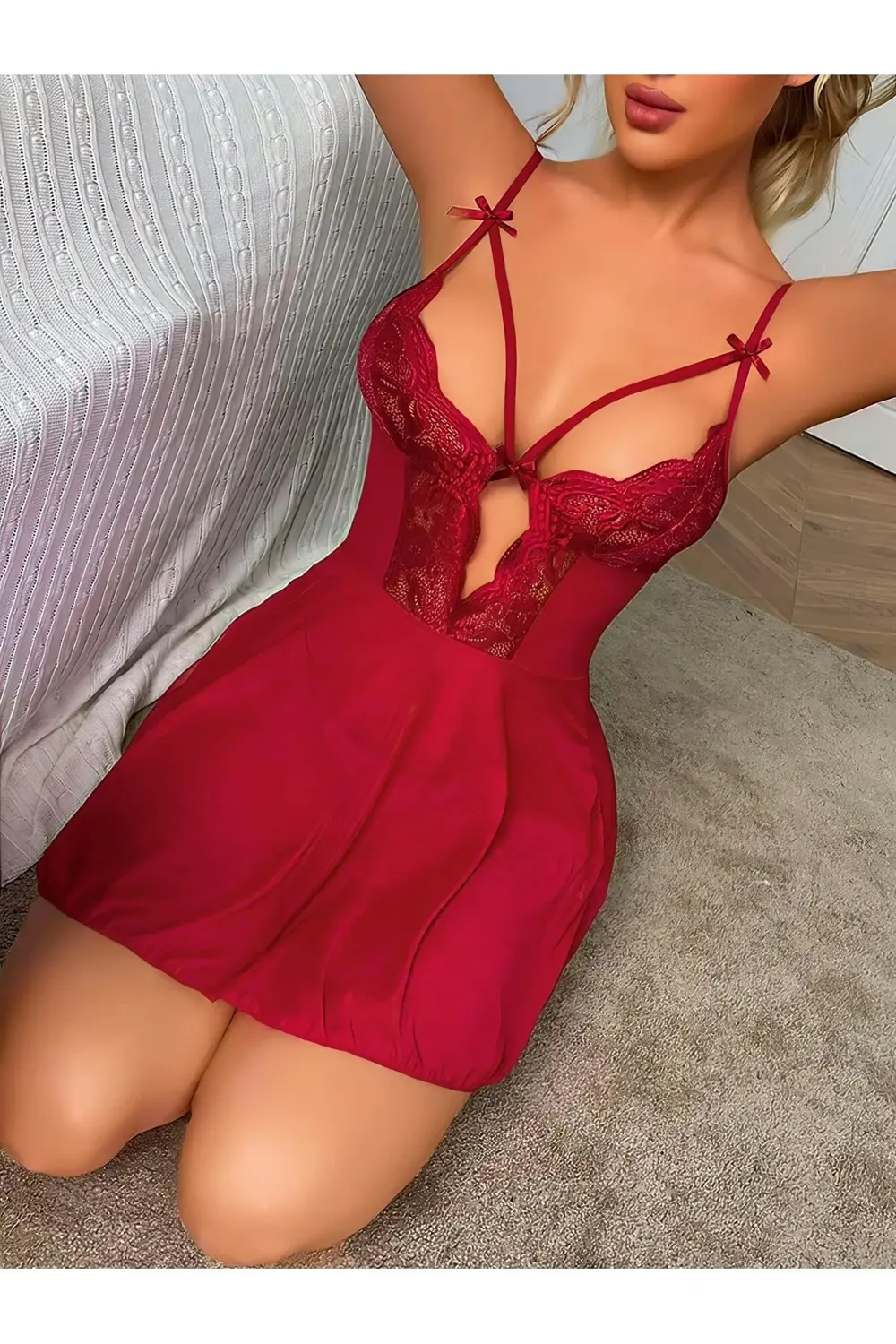 Dantel İşlemeli Göğüs İp Detaylı Fantezi Tül Gecelik Takımı Bordo