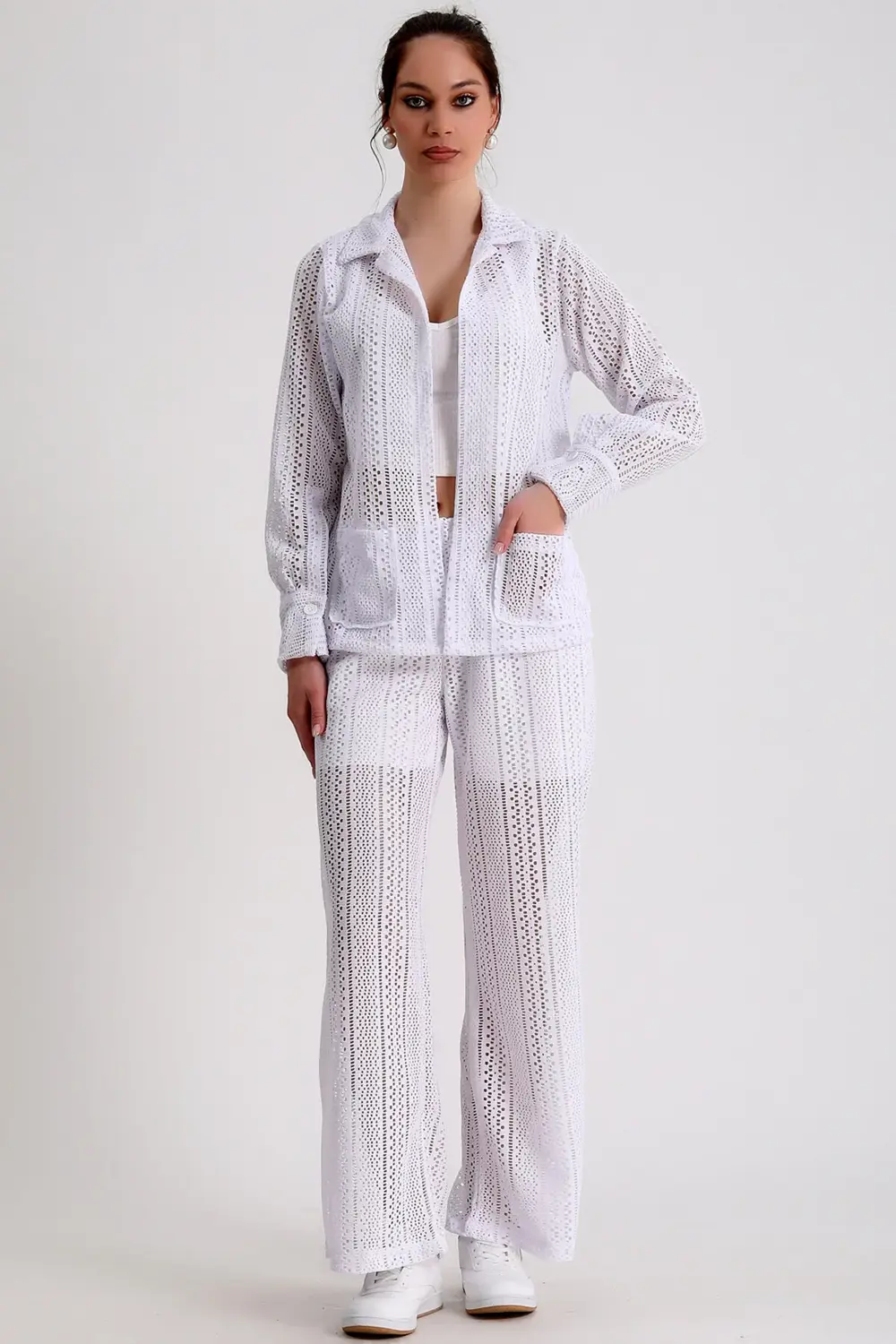 Dantelli Çift Cepli Ceket Beli Lastikli İçi Astar Şortlu Bol Paça