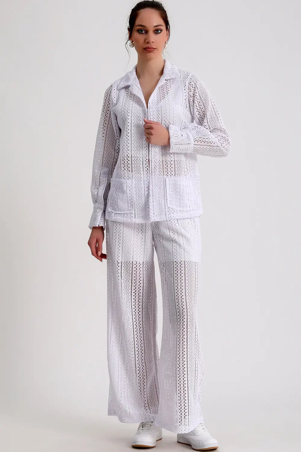 Dantelli Çift Cepli Ceket Beli Lastikli İçi Astar Şortlu Bol Paça