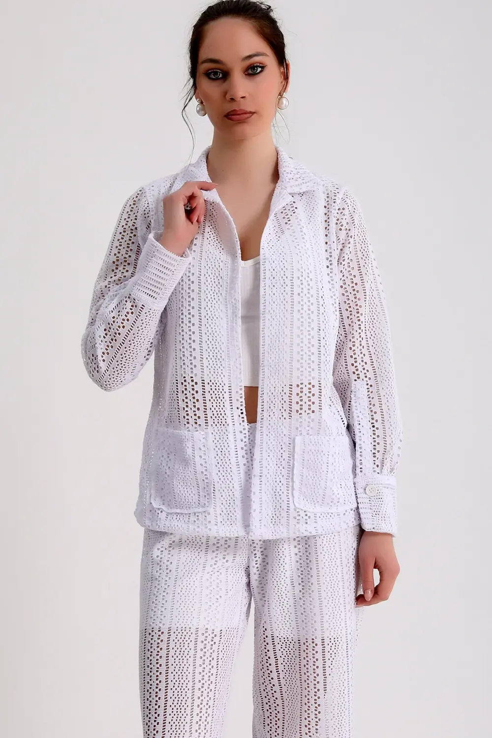 Dantelli Çift Cepli Ceket Beli Lastikli İçi Astar Şortlu Bol Paça