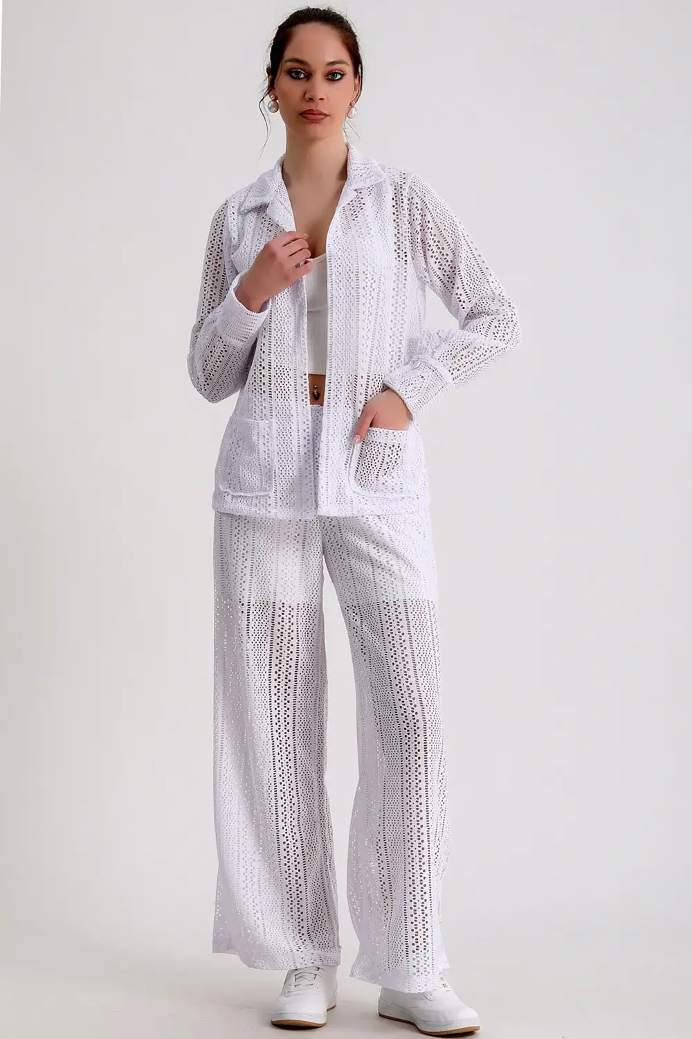 Dantelli Çift Cepli Ceket Beli Lastikli İçi Astar Şortlu Bol Paça