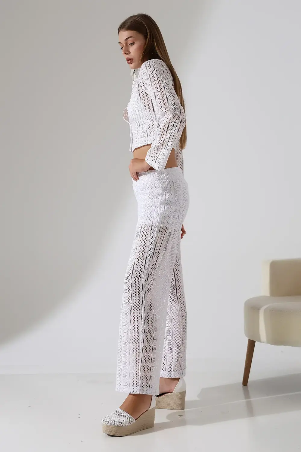 Dantelli Crop Gömlek & Astar Şortlu Pantolon Takım – İkili Yaz Şı