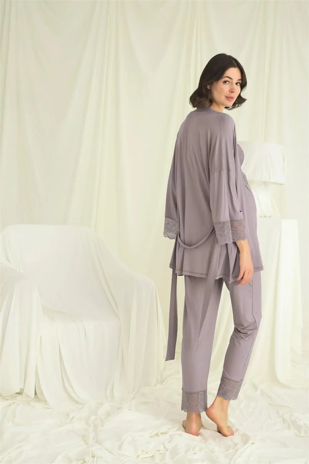 Dantelli Hamile Lohusa 3lü Pijama Takımı