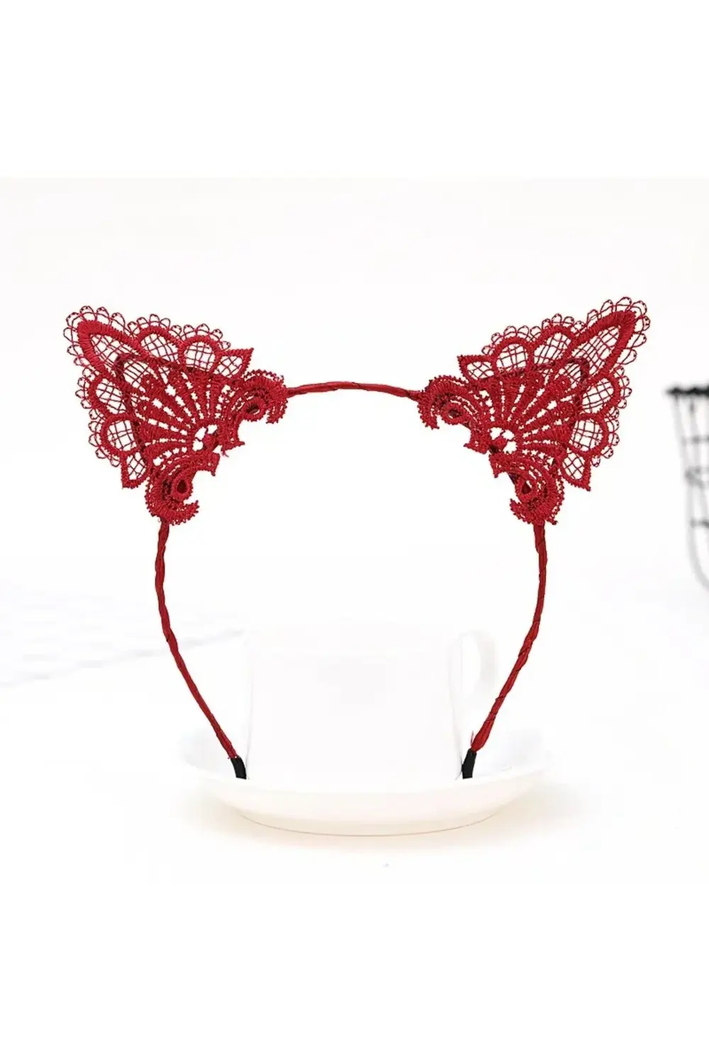 Dantelli Kırmızı Kedi Tacı - Vintage Tarz Dantel Kedi Kulak