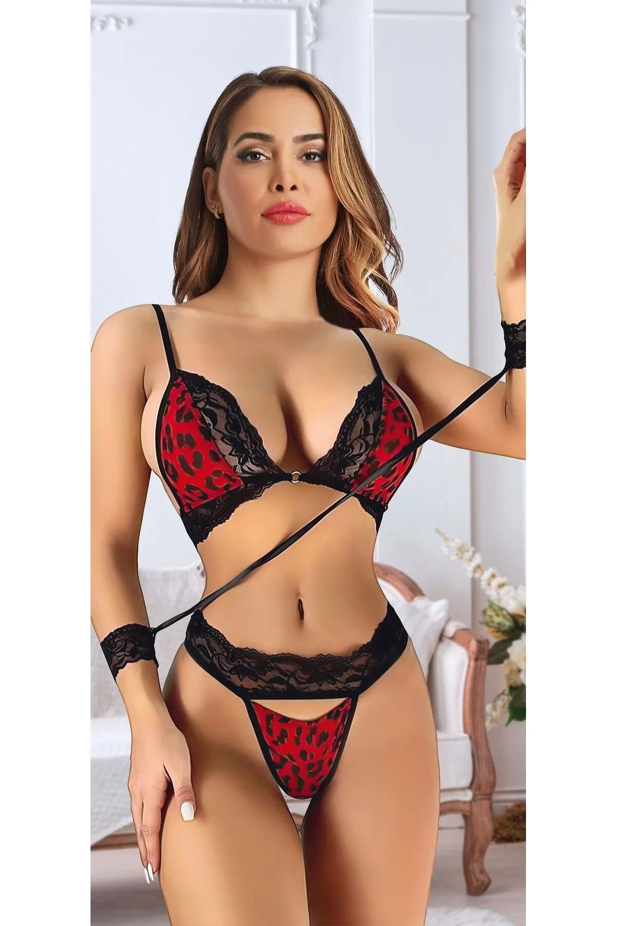 Mythemall Dantelli Leopar Desenli Fantezi Takim Jesica Bella E-003