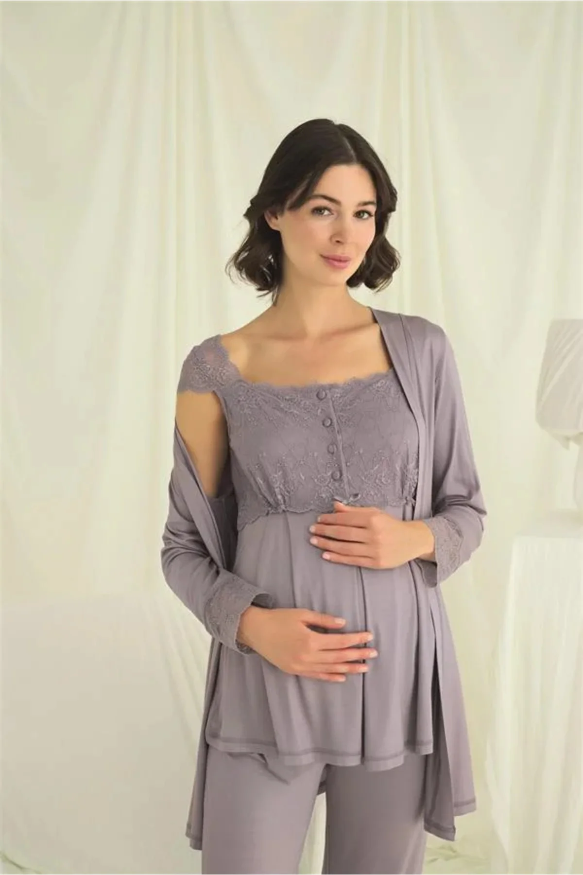 Dantelli Önü Düğmeli Hamile Lohusa 3'lü Pijama Takımı Fiyatı, Yorumları ve Özellikleri