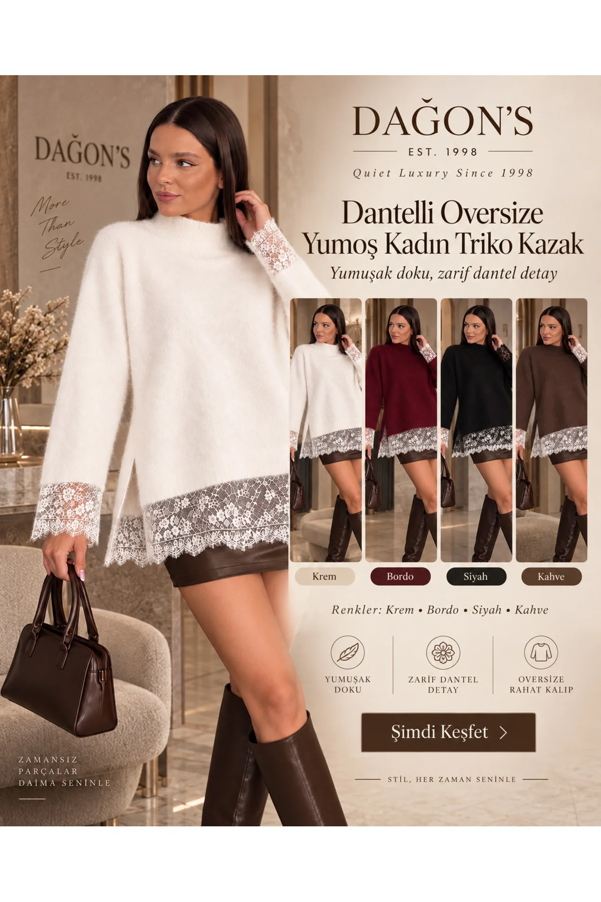 Dantelli Oversize Yumoş Kadın Triko Kazak Dantelli Oversize Yumoş Kadın Triko Kazak
