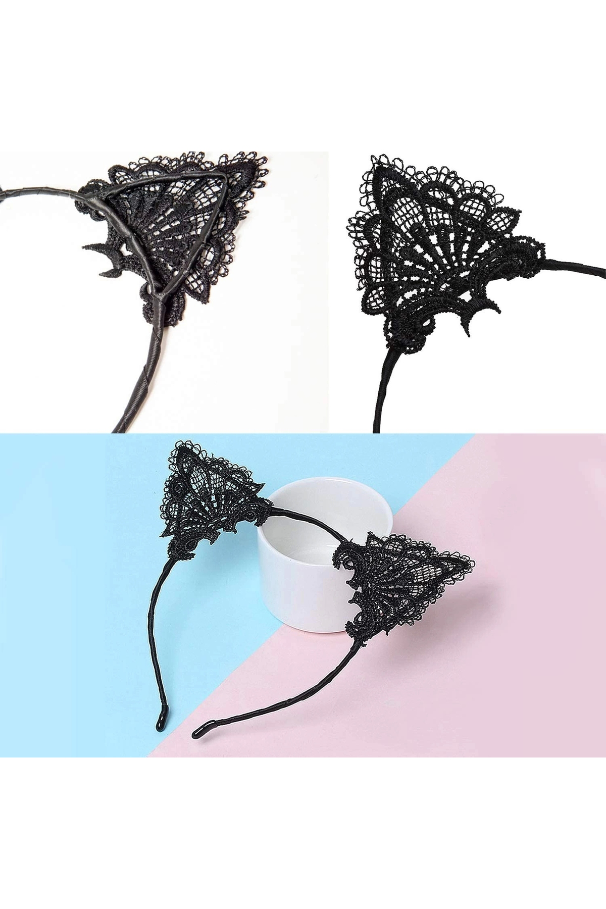 Cristal Home Dantelli Siyah Kedi Tacı - Vintage Tarz Dantel Kedi Kulak