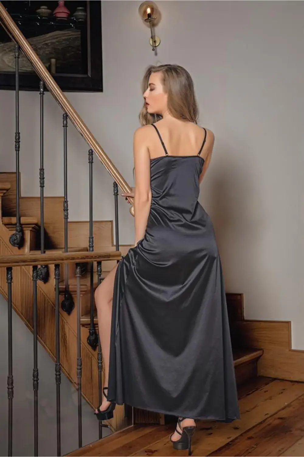 Dantelli Uzun Yırbrfaçlı Saten Gecelik Elbise String Takım Siyah