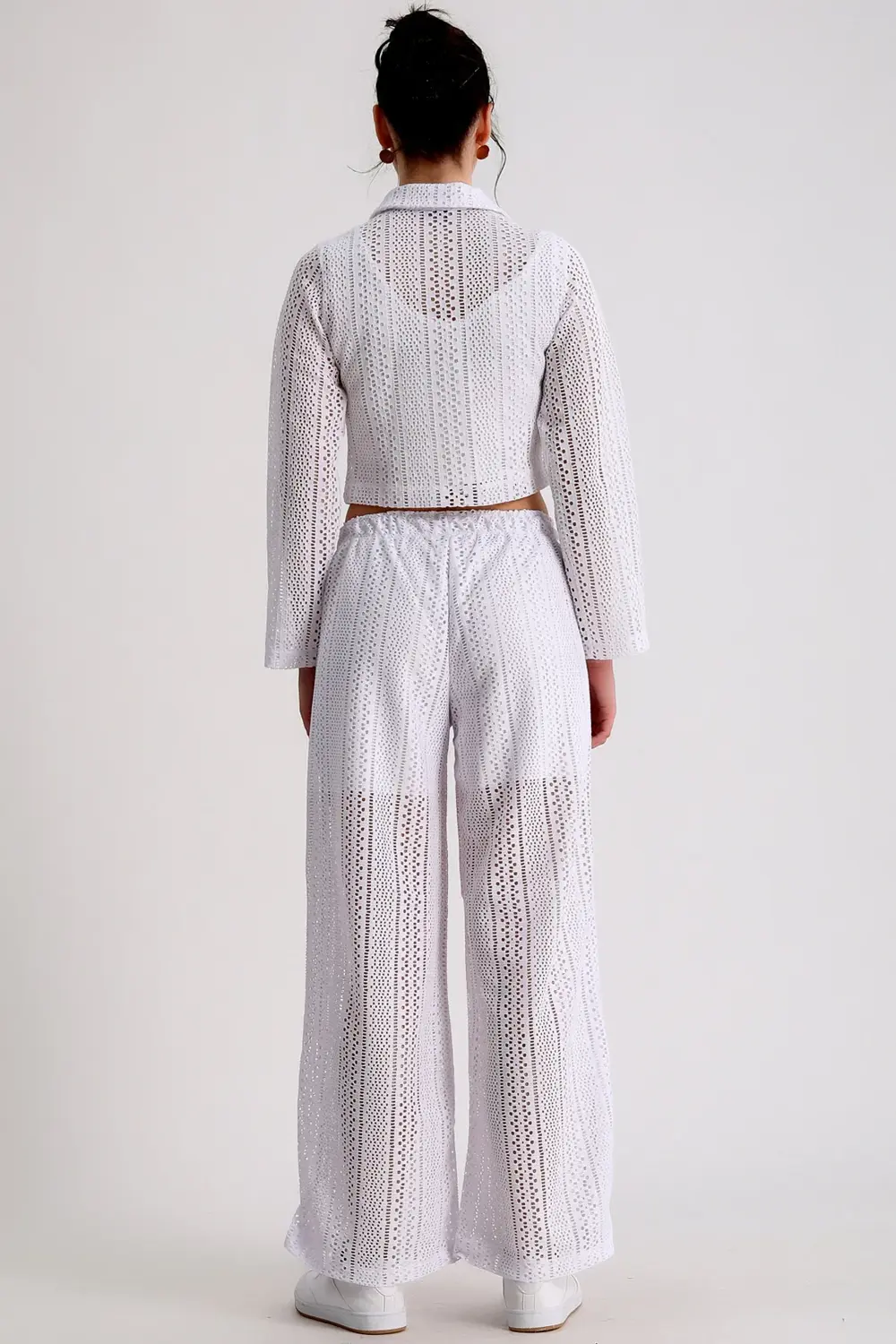 Dantelli Yaka Uzun Kol Crop Gömlek Beli Lastikli İçi Astar Şortlu