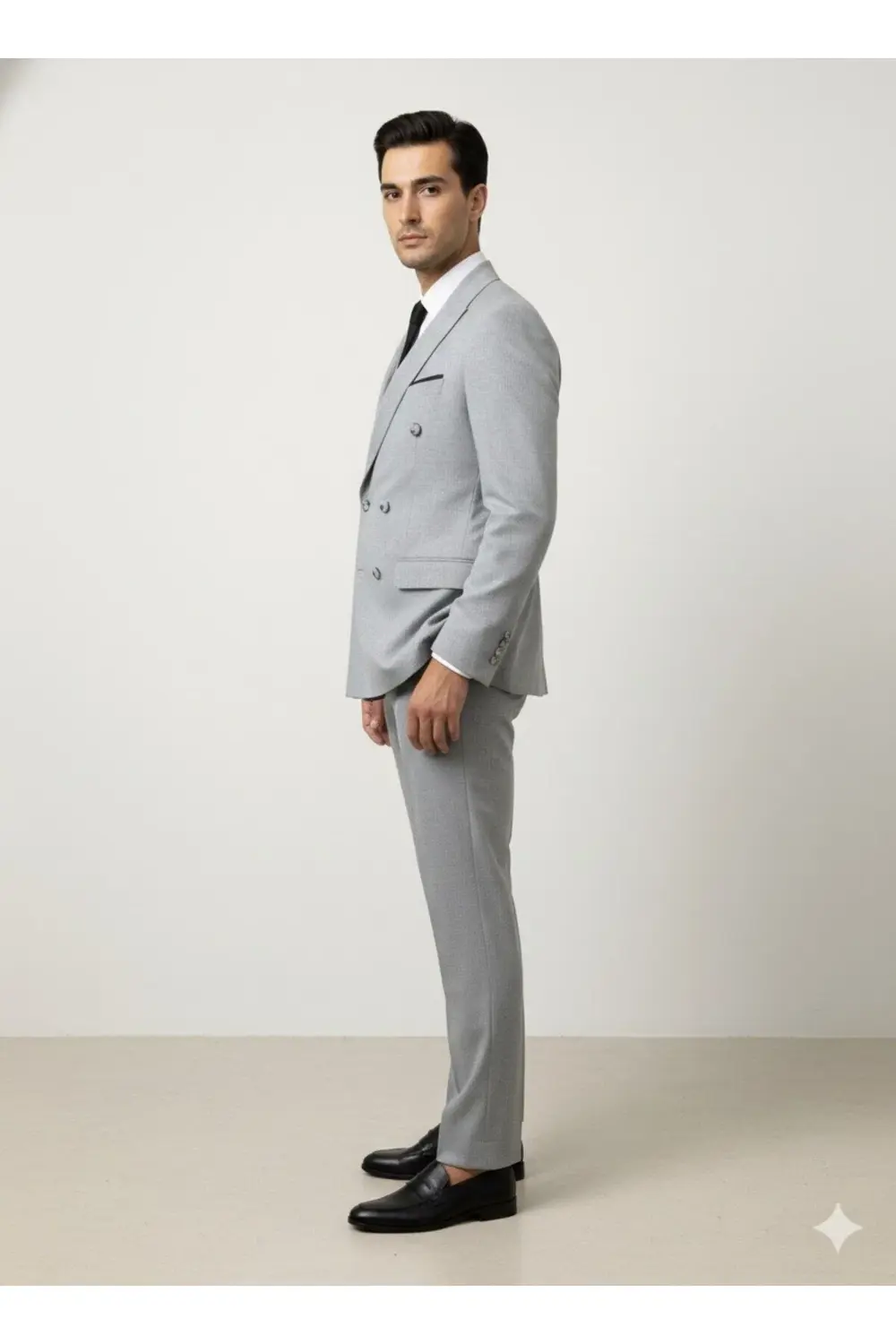Dar Kesim Çizgili Gri Erkek Kruvaze Yaka Takım Elbise