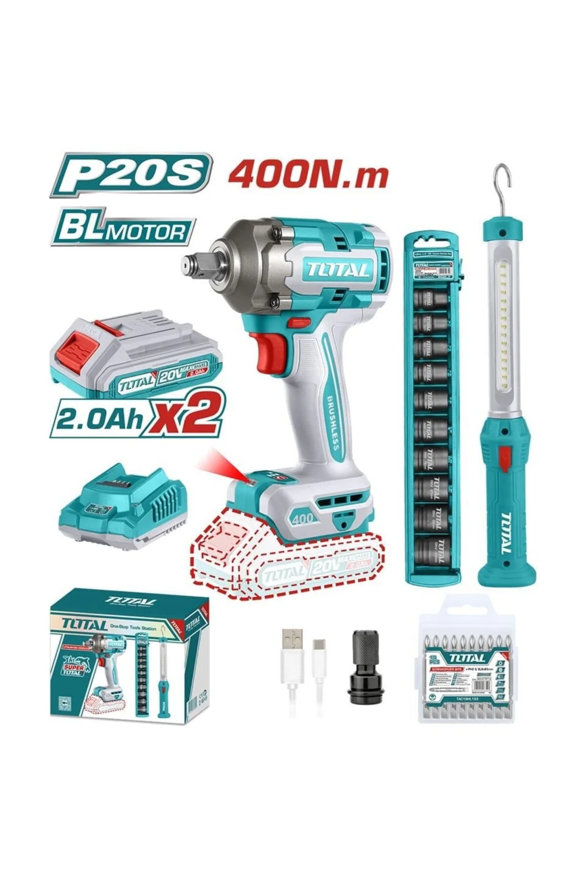 Darbeli Somun Sıkma Makinesi 400 Nm + Askılı Çalışma Işığı Seti - Darbeli Somun Sıkma Makinesi 400 Nm + Askılı Çalışma Işığı Seti -