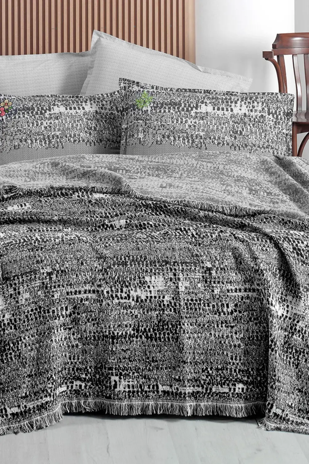 Sarev Darcia Siyah Çift Kişilik %100 Pamuk İpliği Boyalı Pike Takımı