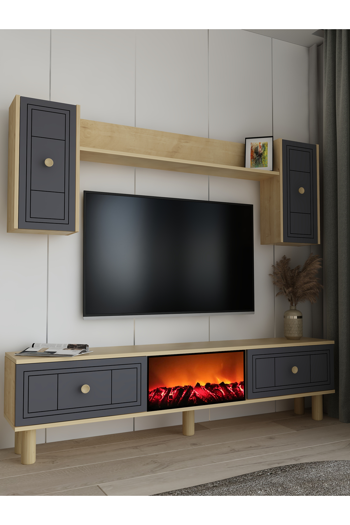 Cantek Dizayn Darioct Bohem Şömineli (A) Tv Ünitesi Takımı Safirmeşe-Antrasit