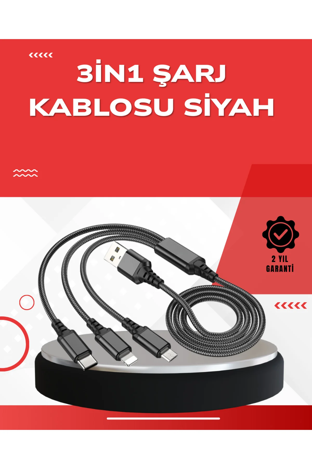 Dayanıklı Metal Başlıklı 3’Ü 1 Arada Şarj Kablosu – Tüm Cihazlarla Uyumlu