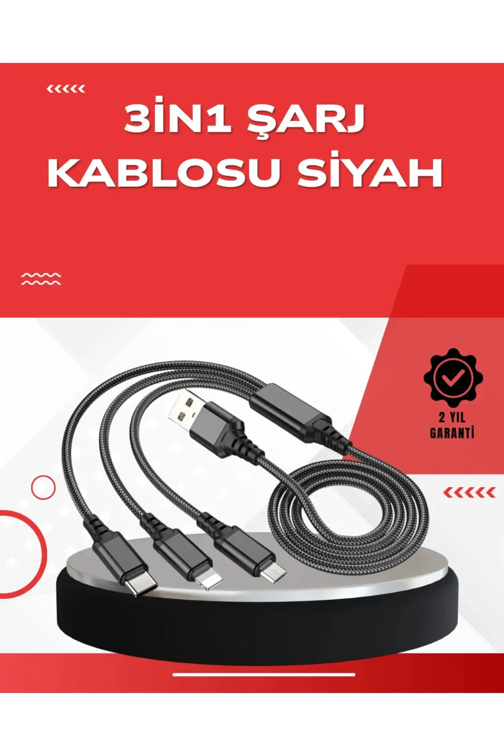 Dayanıklı Metal Başlıklı 3’ü 1 Arada Şarj Kablosu – Tüm Cihazlarl