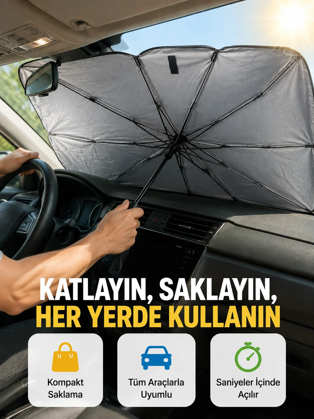 Dayanıklı UPE Alaşımlı Şemsiye Tipi Araç Güneşliği - Kolay Katlanır Yeni Nesil