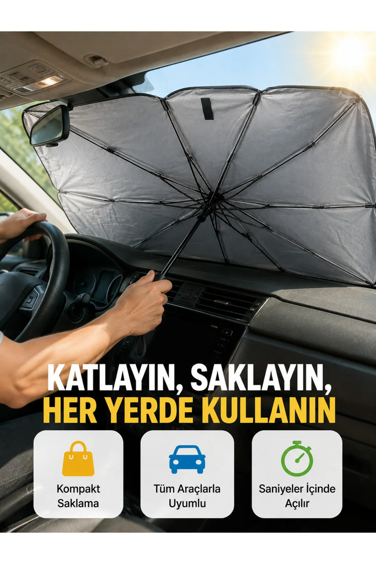 Dayanıklı Upe Alaşımlı Şemsiye Tipi Araç Güneşliği - Kolay Katlanır Yeni Nesil Dayanıklı Upe Alaşımlı Şemsiye Tipi Araç Güneşliği - Kolay Katlanır Yeni Nesil