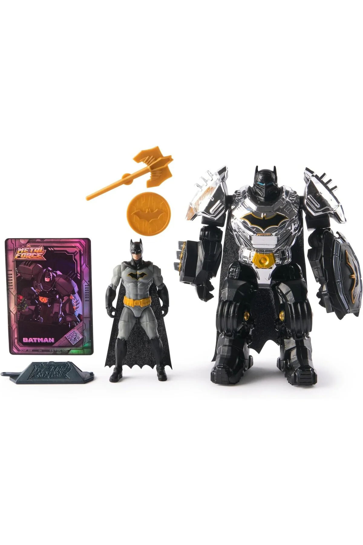DC Comics, Metal Force Batman aksiyon figürü, 15 cm boyutunda ve 10 cm mini figürlü, yerleşik