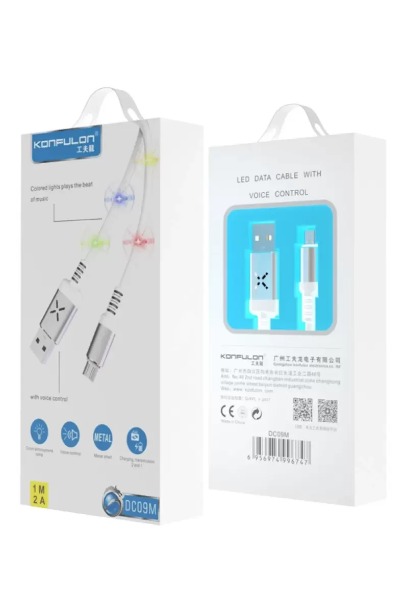 DC09 Ses Duyarlı Işıklı Micro USB Kablo 1M 2A - Beyaz | Şarj Kablosu