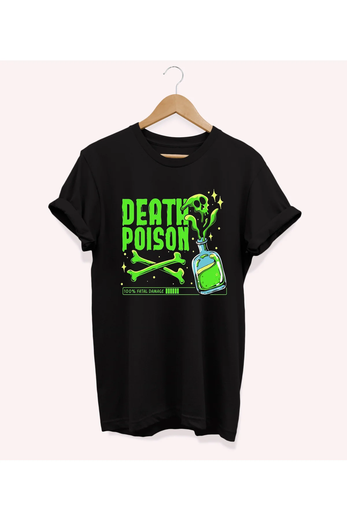 , Death Poison Baskılı, %100 Pamuk, Bisiklet Yaka, Oversize T-shi