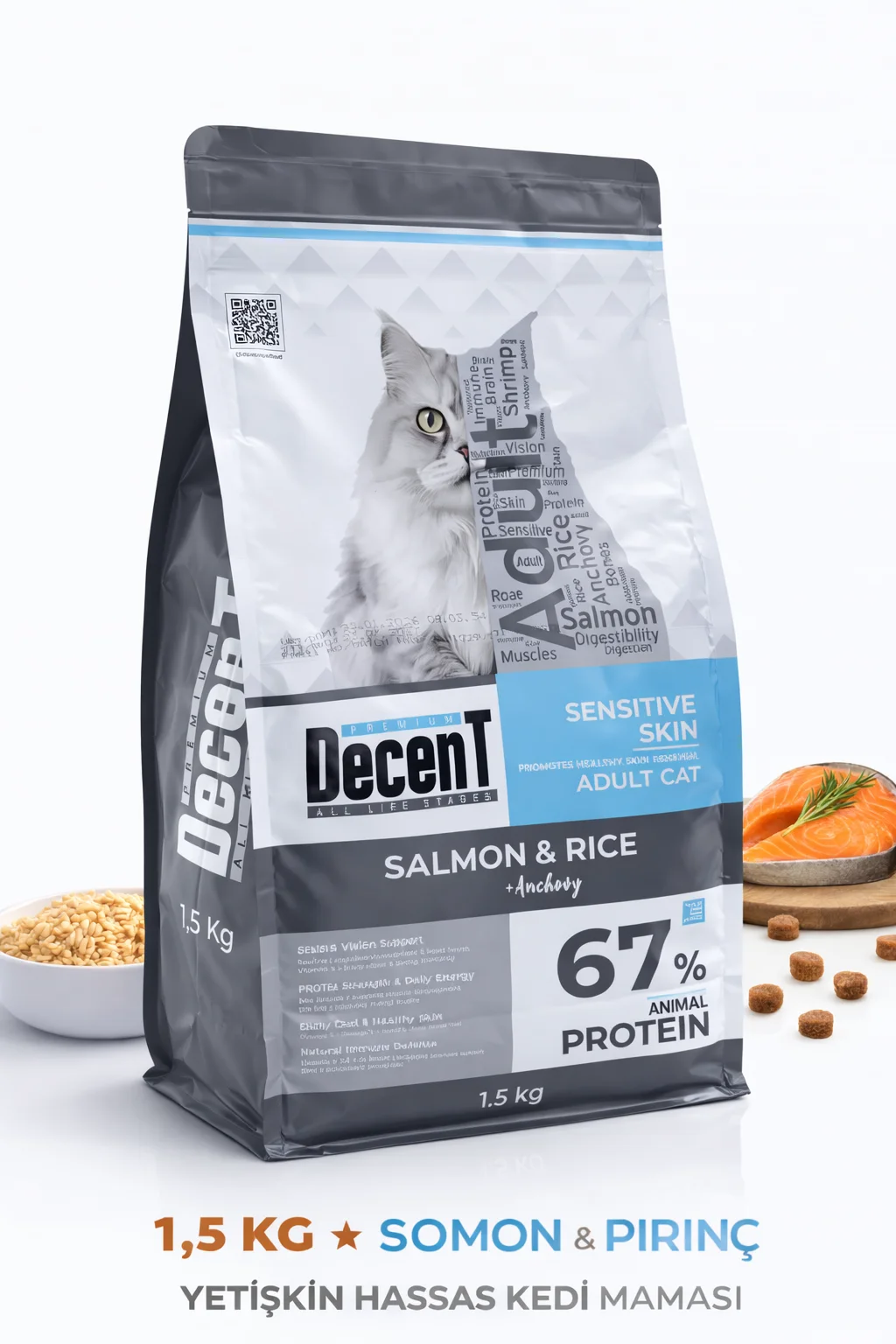 Decent Sensitive Skin Somon &amp; Pirinç Yetişkin Kedi Maması 1,5 Kg