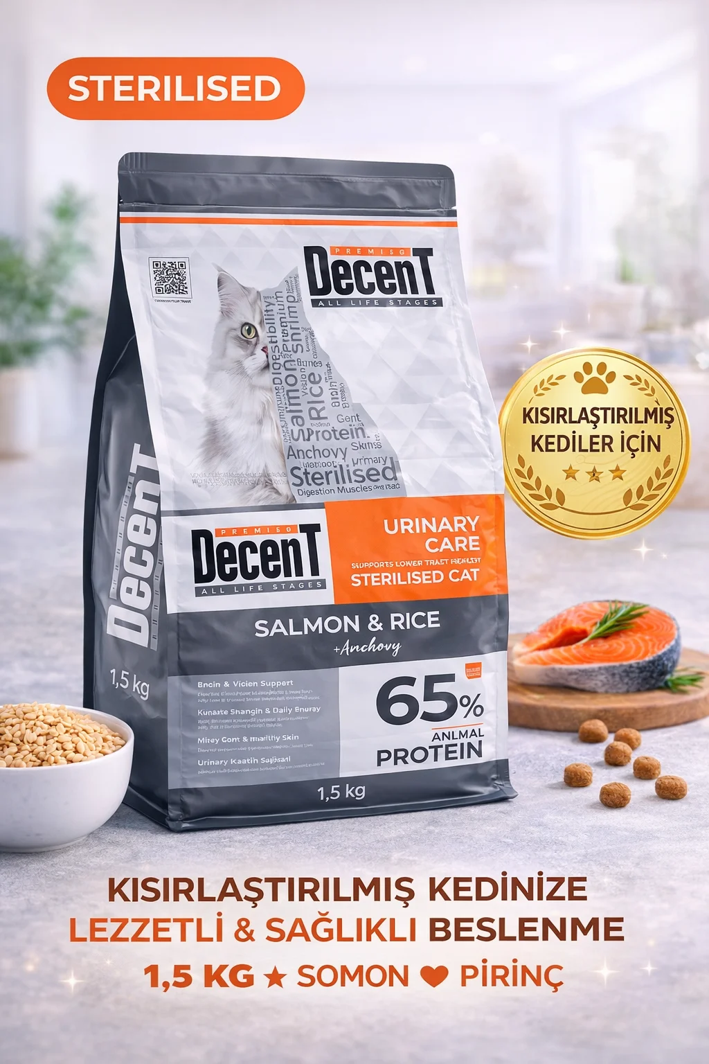 Decent Sterilised Urinary Care Balıklı ve Pirinçli Kısırlaştırılmış Kedi Maması 1.5 Kg