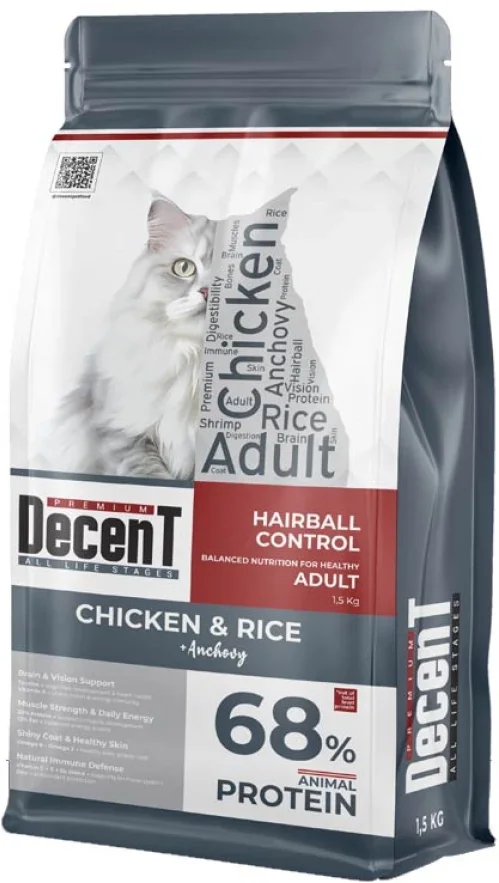 Decent Tavuklu Yetişkin Kedi Maması 1,5 Kg Hairball Control Tavuk &amp; Pirinç Yetişkin Kedi Maması