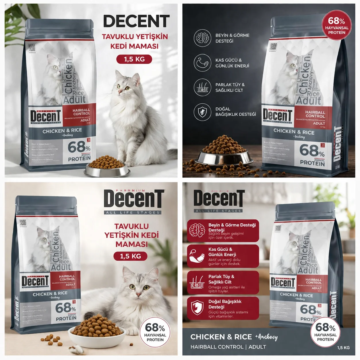 Decent Tavuklu Yetişkin Kedi Maması 1,5 Kg Hairball Control Tavuk &amp; Pirinç Yetişkin Kedi Maması