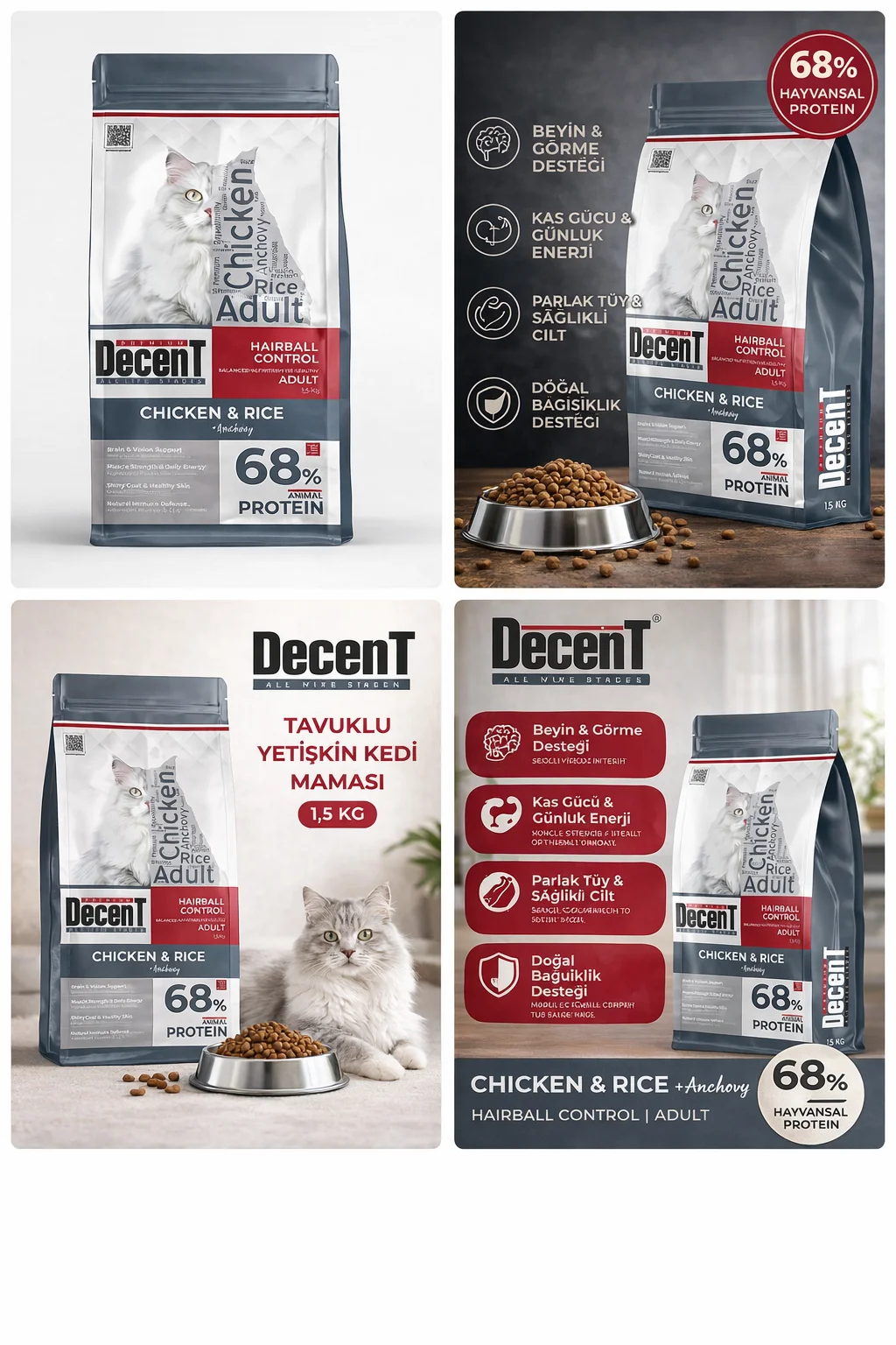 Decent Tavuklu Yetişkin Kedi Maması 1,5 Kg Hairball Control Tavuk &amp; Pirinç Yetişkin Kedi Maması