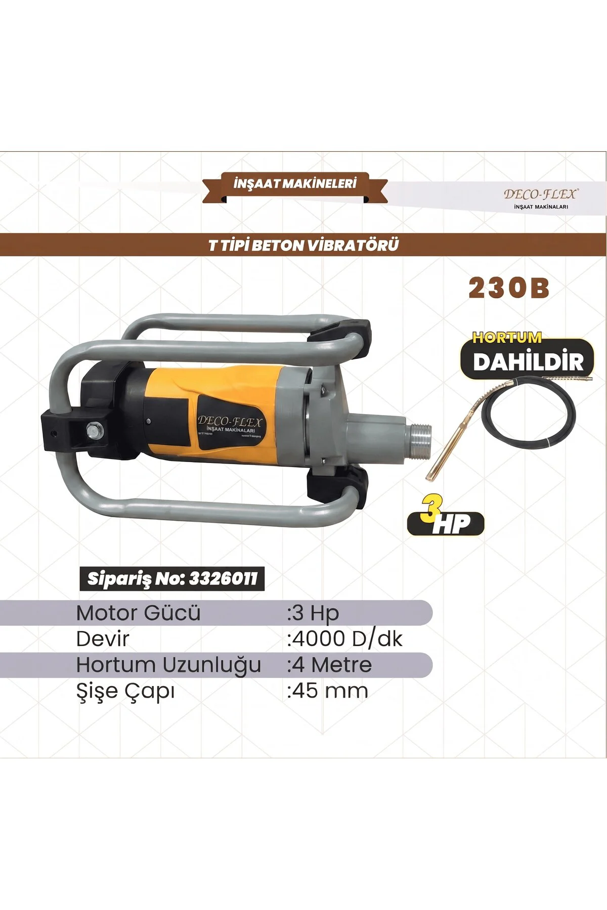 Decoflex Beton Vibratörü Türk 3 Hp. 4000 D/dk Decoflex Beton Vibratörü Türk 3 Hp. 4000 D/dk