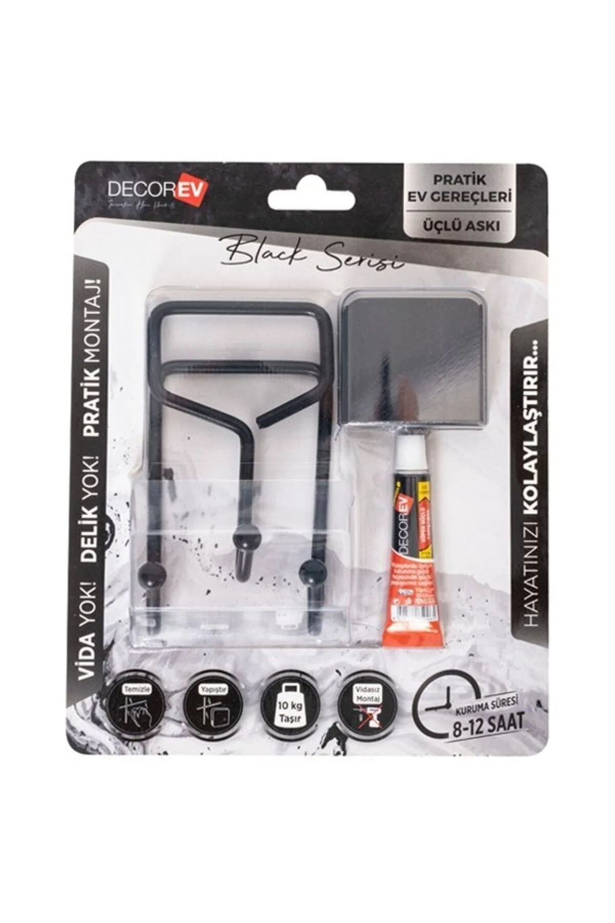 Decorev Süper Yapışkanlı Metal Yapıştırıcılı Siyah Üçlü Askı Dc-5054