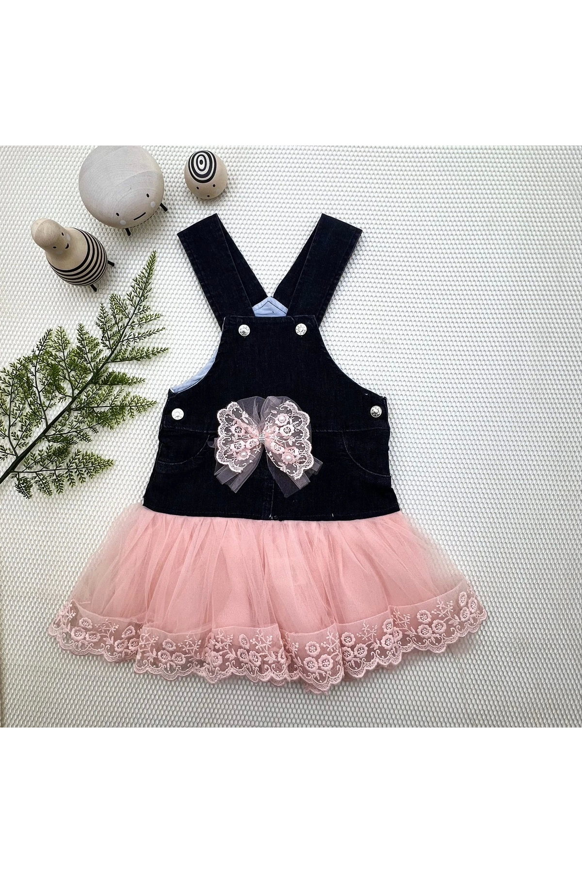 Skygo Defnada 2-3-4 Yaş Fiyonklu Düğme Detaylı Tül Etek Kot Kumaş Salop