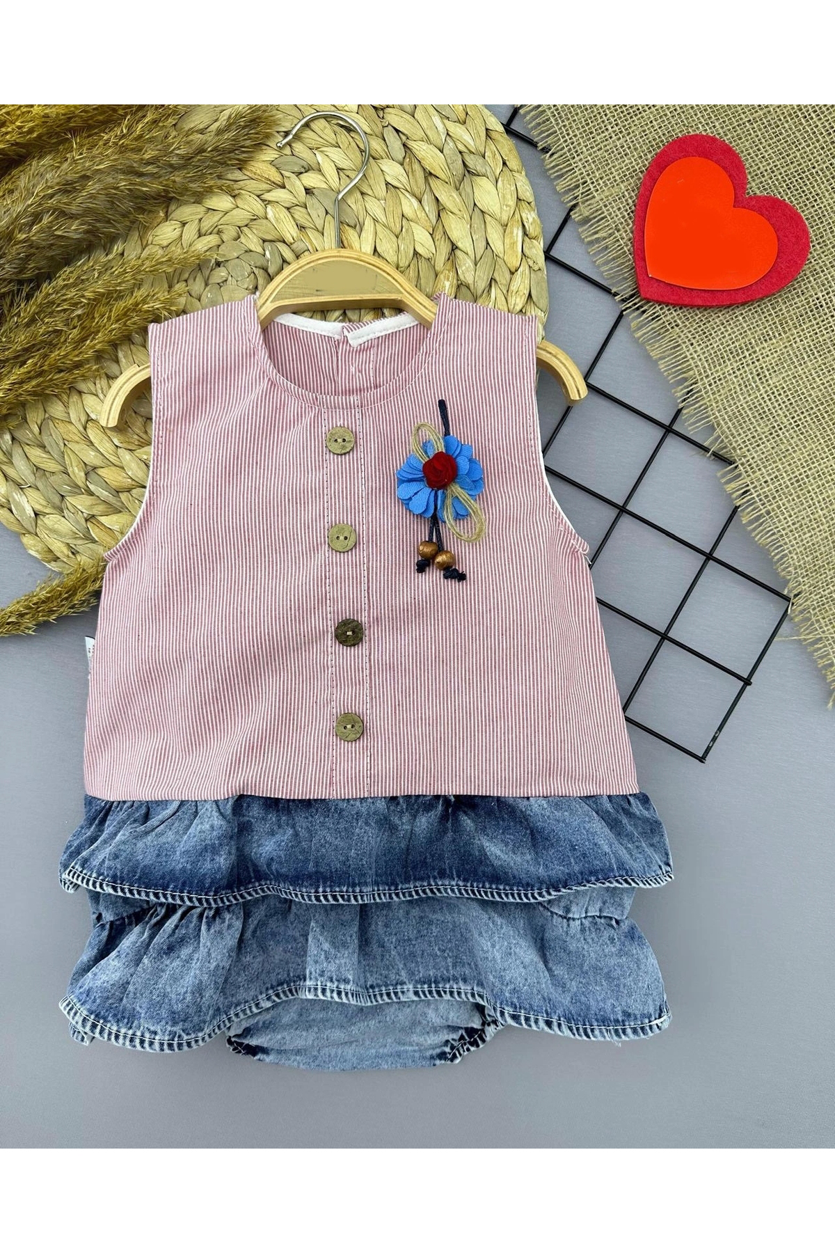 Ecenaz Defnada 6-9-12-18 Ay Gül Rozet Detaylı Kot Kilotlu Etek Kız Bebek