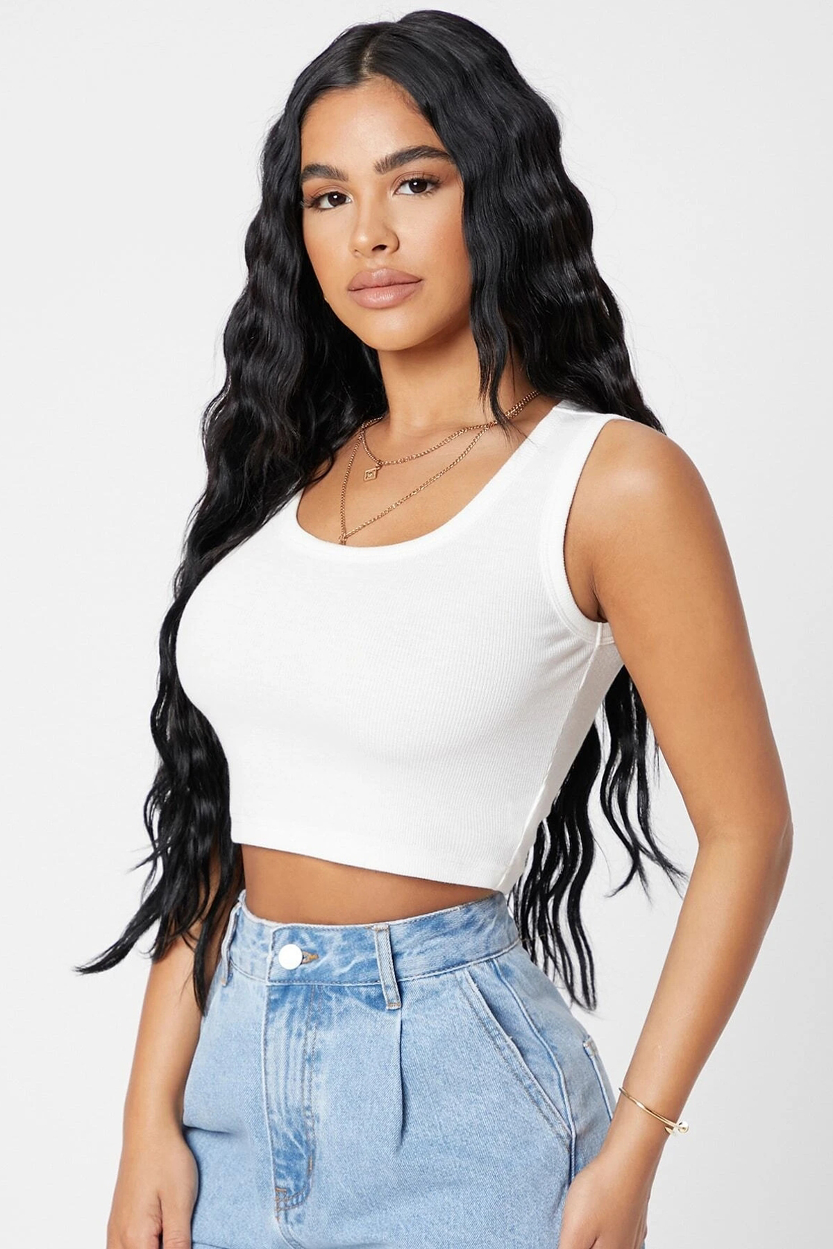 Defnada Kadın Beyaz Kare Yaka Crop Top Bluz