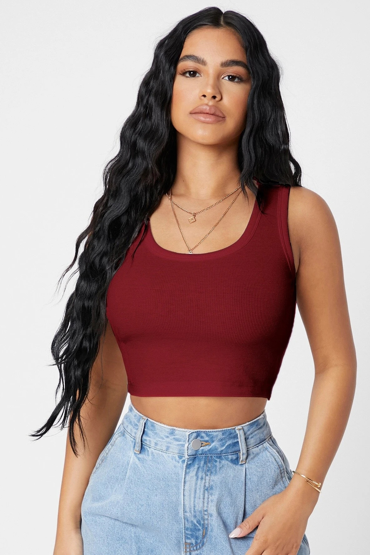 Defnada Kadın Bordo Kare Yaka Crop Top Bluz