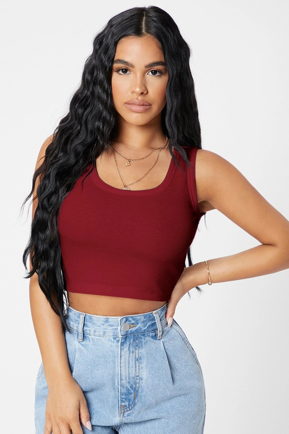 Defnada Kadın Bordo Kare Yaka Crop Top Bluz