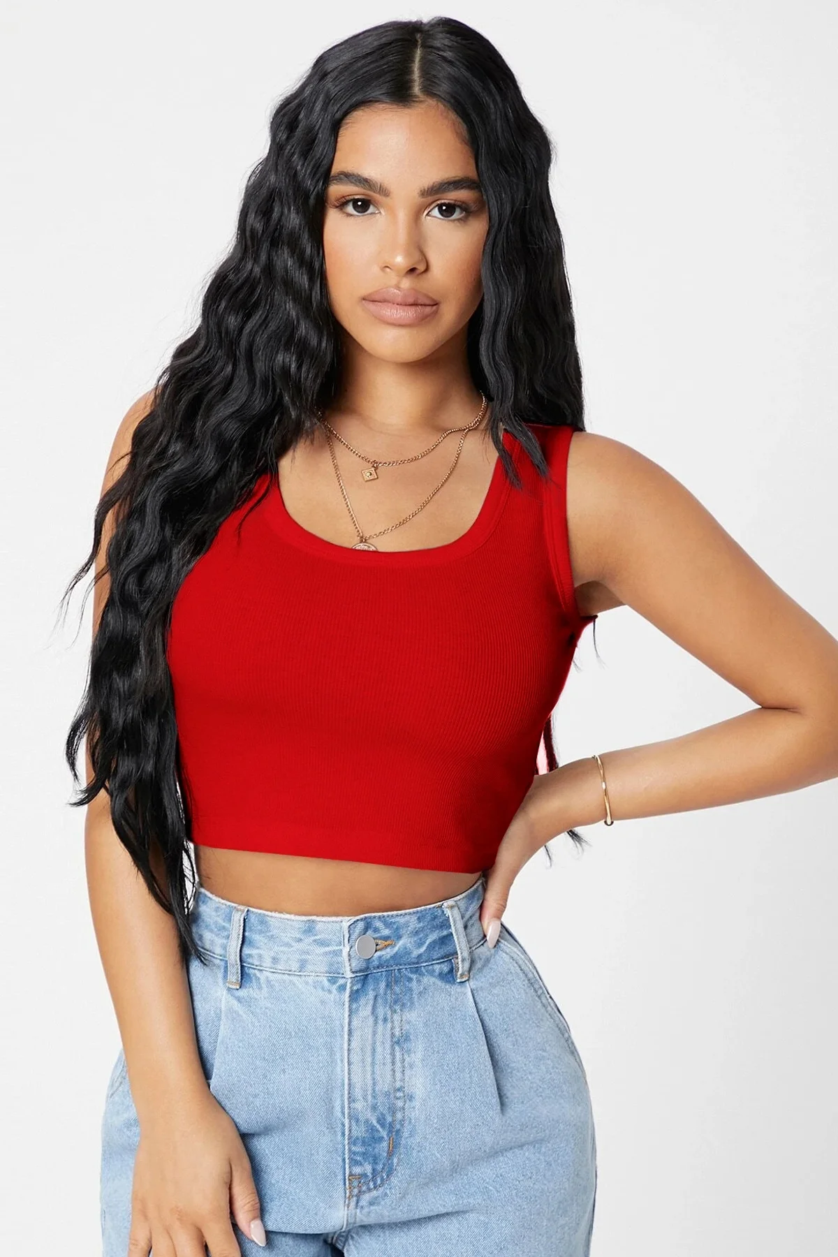 Defnada Kadın Kırmızı Kare Yaka Crop Top Bluz