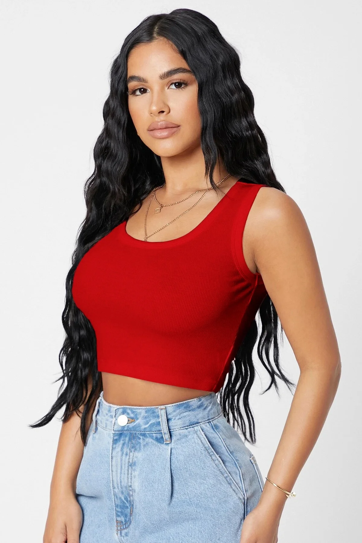 Defnada Kadın Kırmızı Kare Yaka Crop Top Bluz