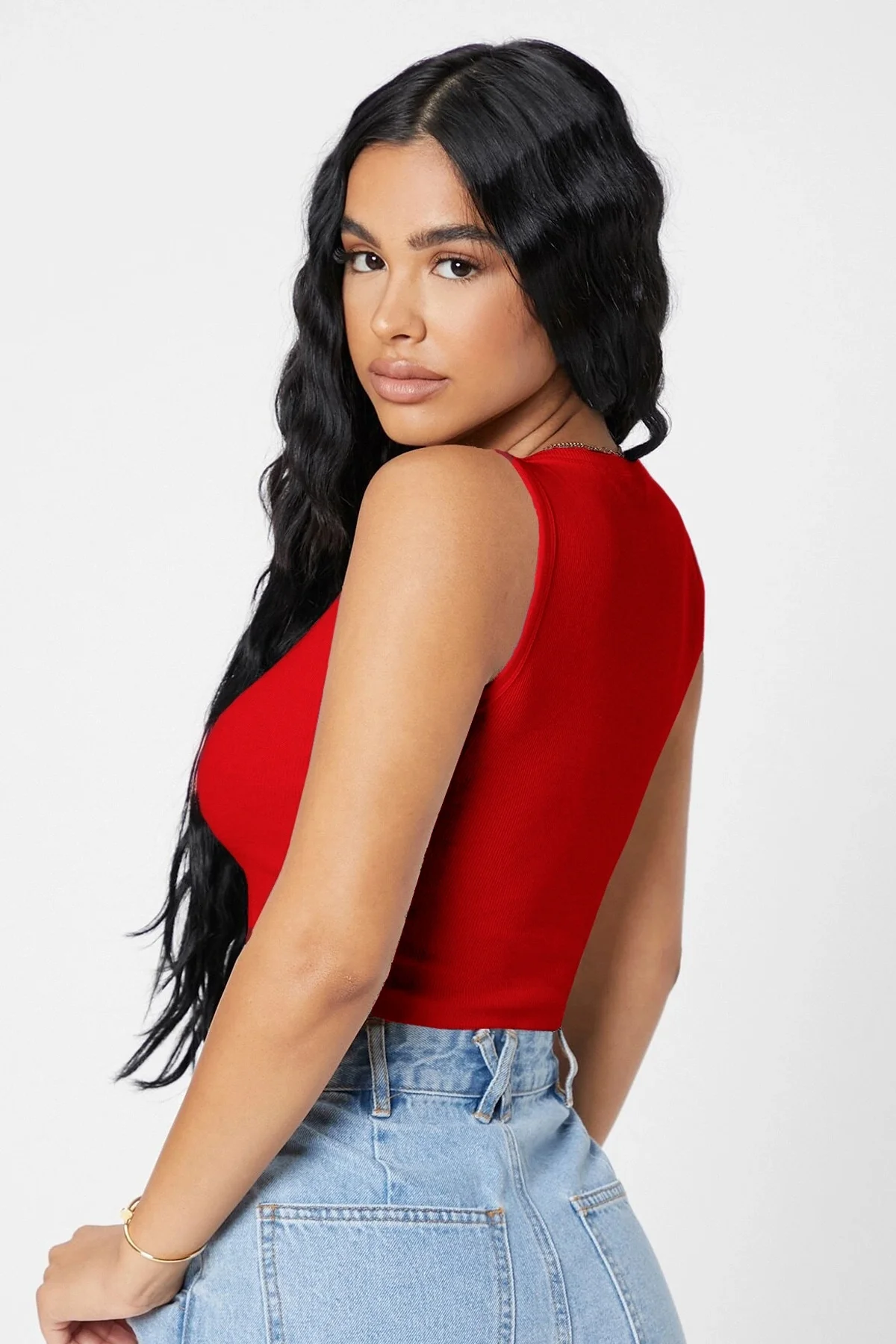 Defnada Kadın Kırmızı Kare Yaka Crop Top Bluz